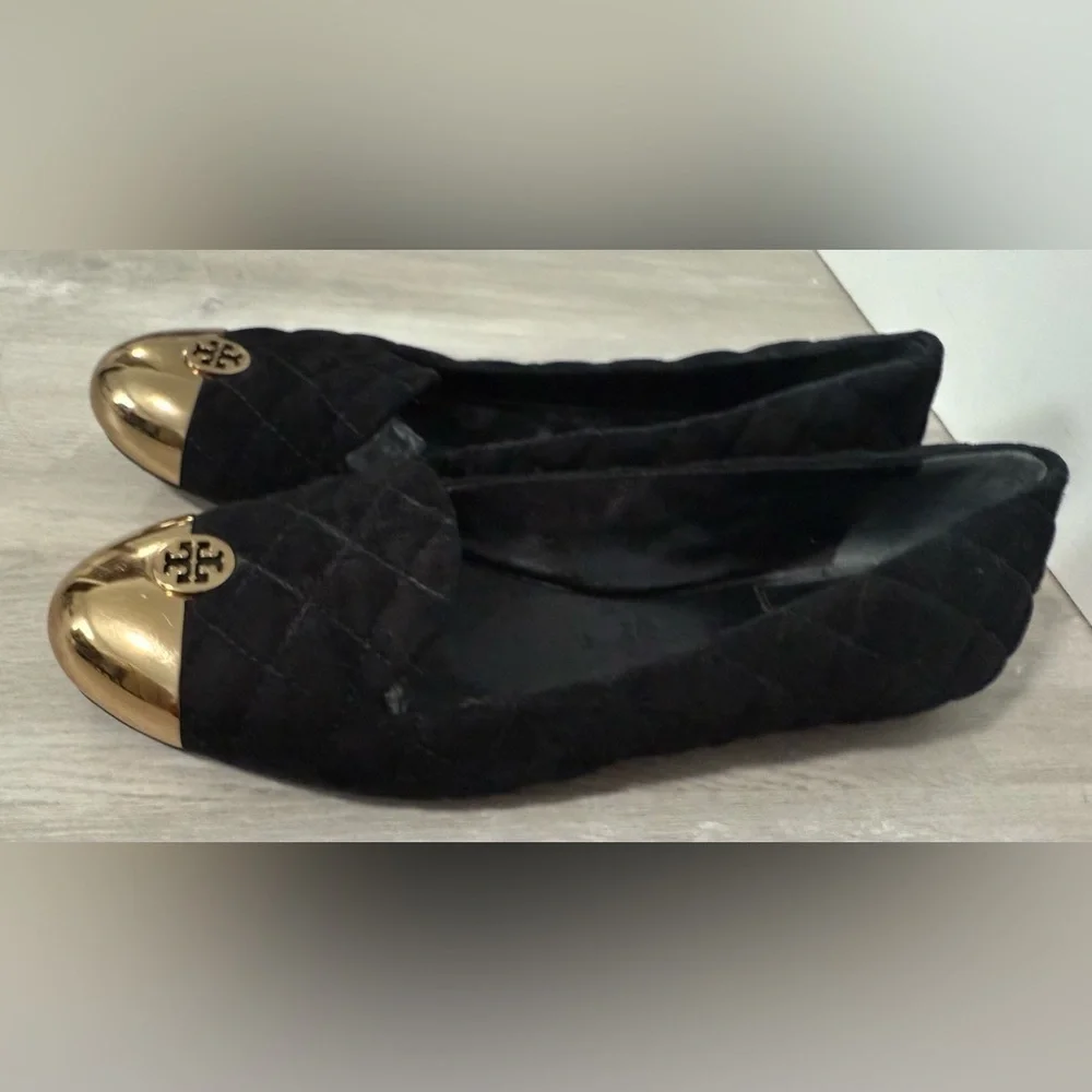 Tory Burch Womens Kaitlin Quilted Suede Smoking Slipper Flat Black-Bronze Size 7